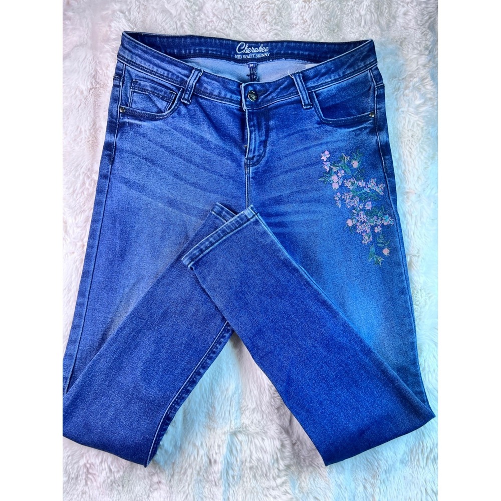 Cherokee Mid Waist Skinny Jeans Blue Floral Embroidered Denim Pants Size 30 A15